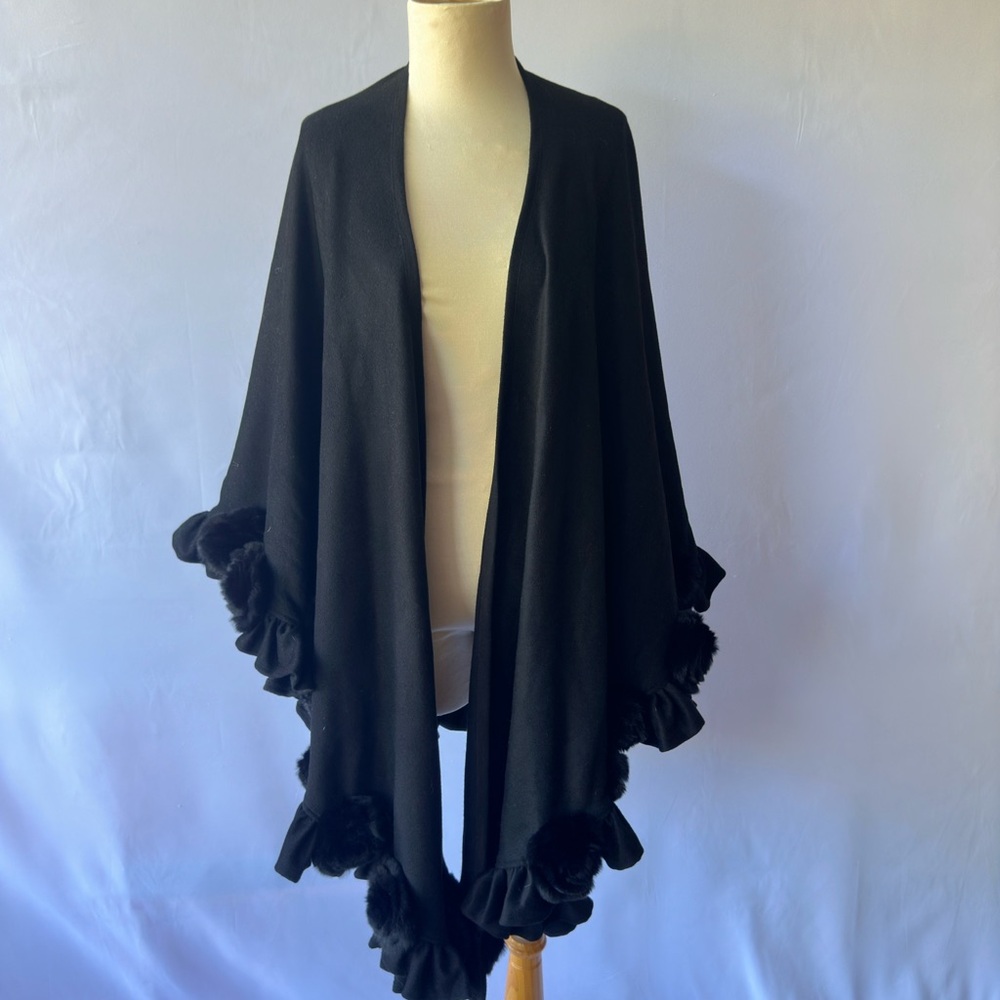 Vtg Nina Austin Women's Wool Black Cape Poncho Wrap W/ Rabbit Fur Ball Trim O/S